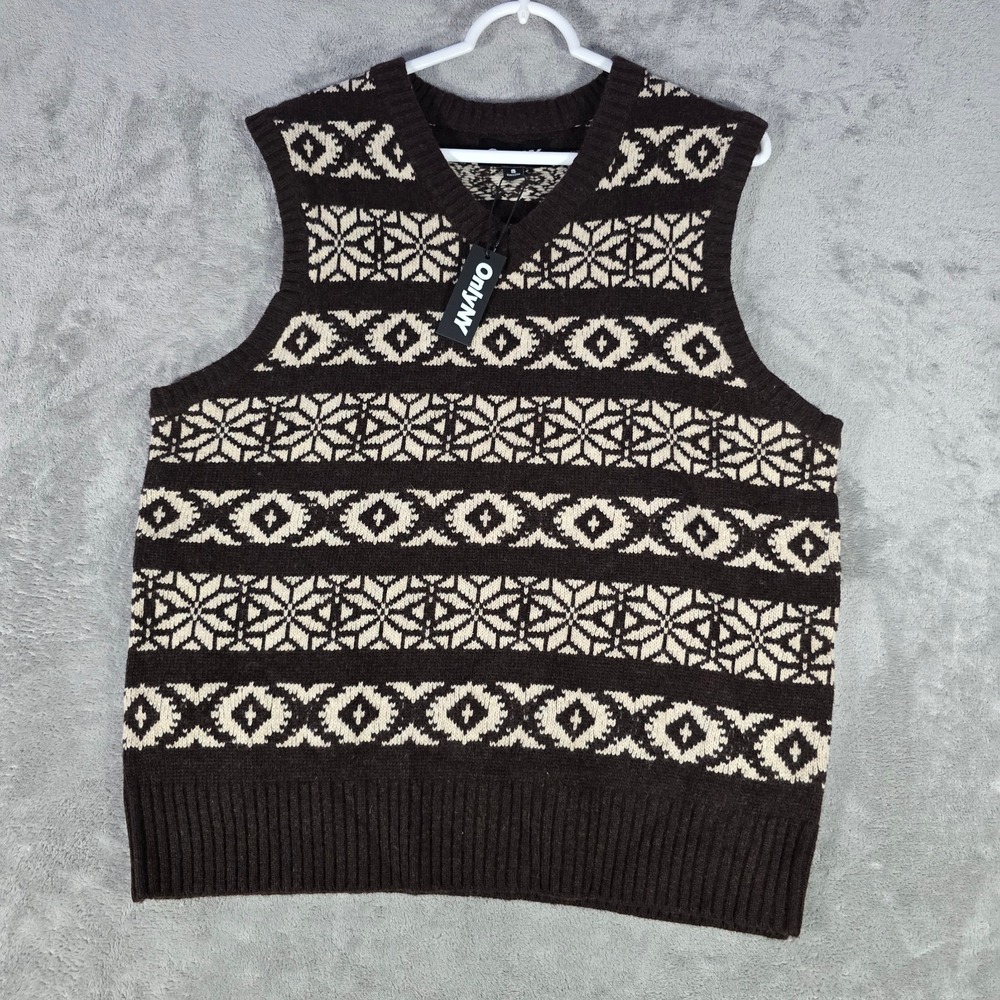 OnlyNY Sweater Vest Fair Isle‎ Knit Sleeveless Brown Beige Mens Size S